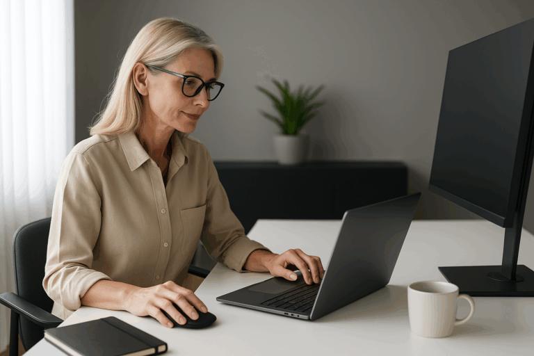 A focused middle-aged woman works on her laptop in a modern, minimalist home office setup.
