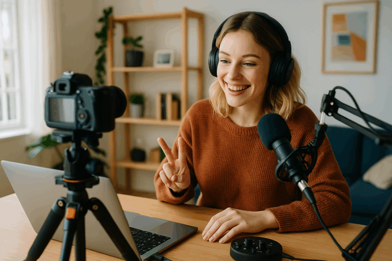 A cheerful female content creator records a video in her home studio, surrounded by a laptop, camera, microphone, and audio equipment.