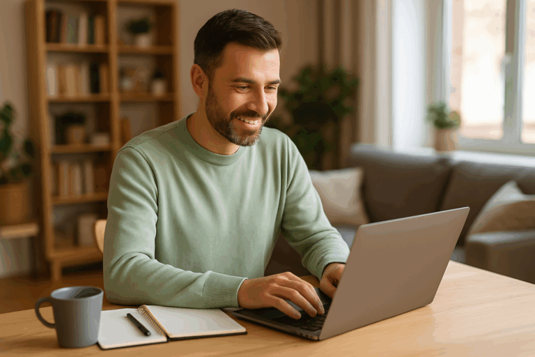 Business owner in pastel green sweater working from home at a modern desk with a laptop, notebook, and coffee mug.