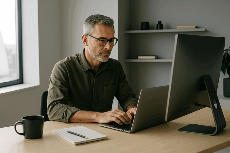 Middle-aged business owner working from home in a modern, minimalist office with a laptop and coffee.