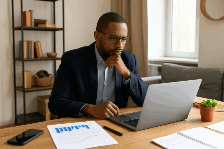 An African-American business owner works at his laptop in a minimalist home office, surrounded by charts, notes, and a calm, modern workspace.