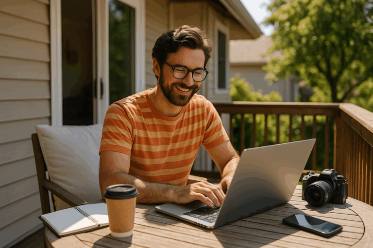 A remote content creator works from home on his porch, smiling at his laptop surrounded by creative tools like a notebook, camera, and coffee.