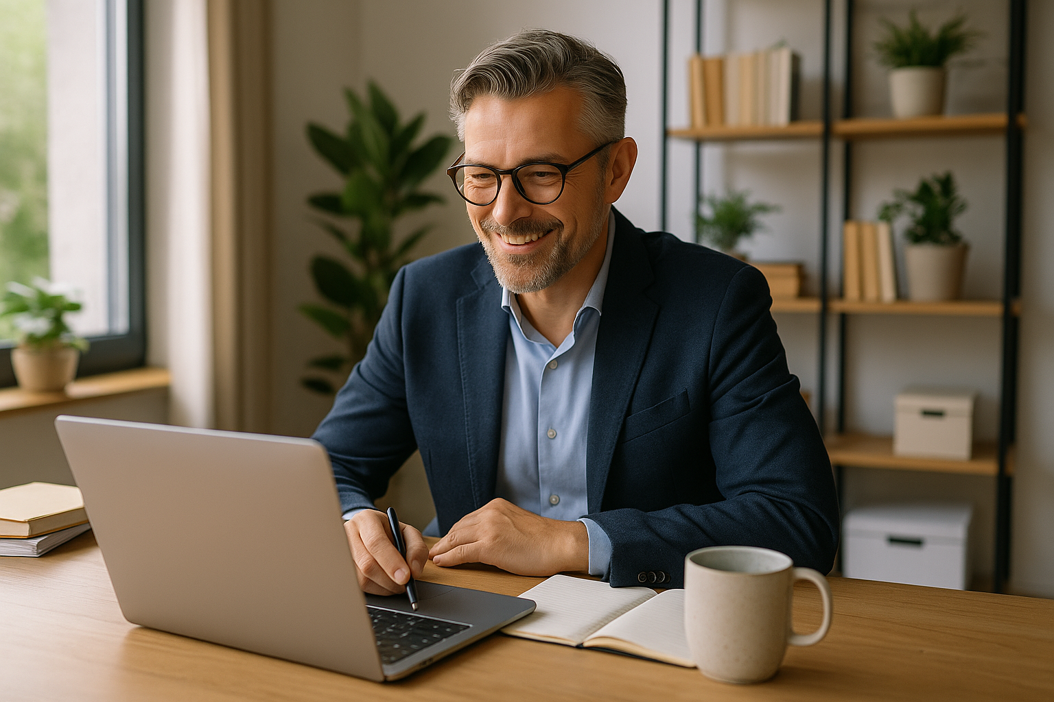 A confident male business consultant works from his modern home office, smiling as he types on a laptop with a notepad and coffee mug nearby.