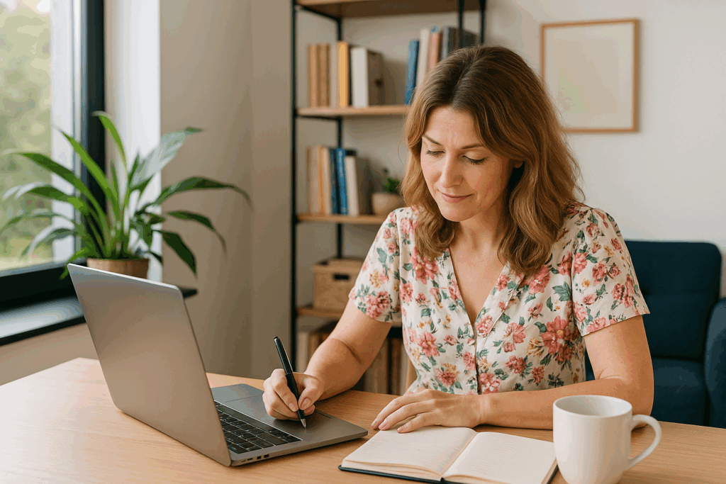 A female business consultant in a floral blouse researches from her home office, writing in a notebook with her laptop open beside her.