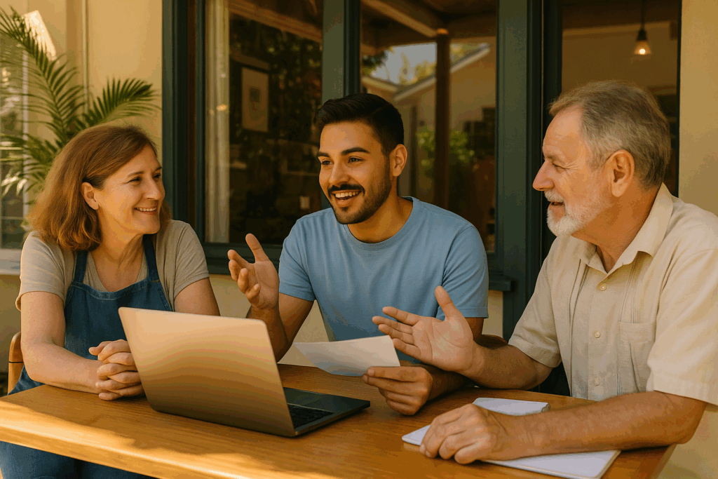 A young Latino entrepreneur discusses business research with two small business owners in an outdoor, summer-lit setting.