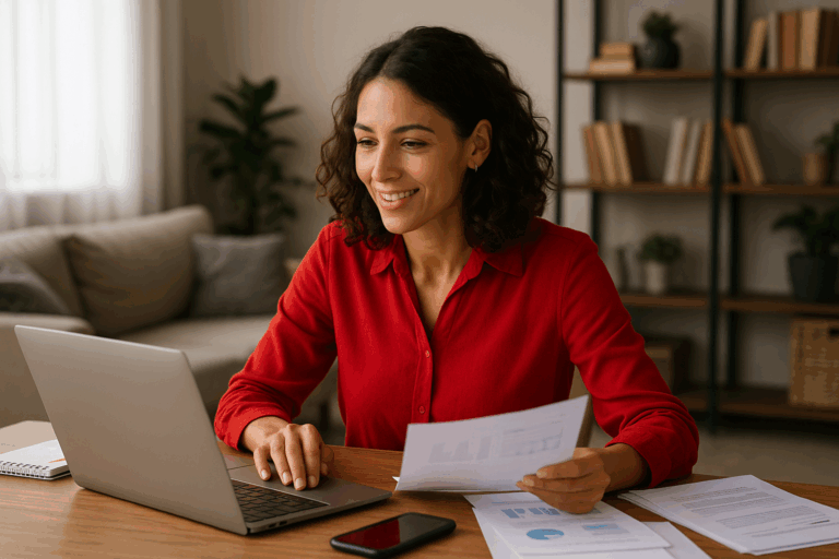 A confident business owner in a red blouse works from home at her desk, reviewing reports and using her laptop in a well-lit, organized space.