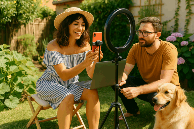 A stylish mom content creator shoots video in her garden with her husband assisting and their golden retriever nearby.