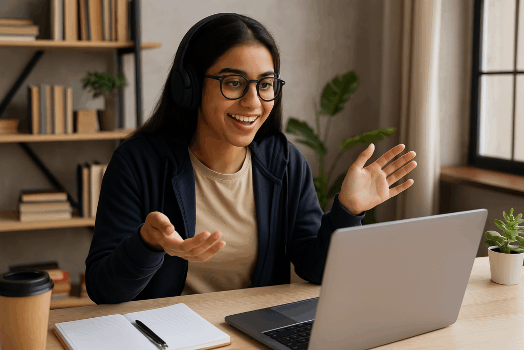 A young Arab-American entrepreneur on a Zoom call, seated at her laptop in a tech-savvy home workspace with confident energy.