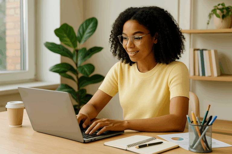 Young content creator working from home in a pastel yellow outfit, typing on a laptop with a notepad and coffee nearby.