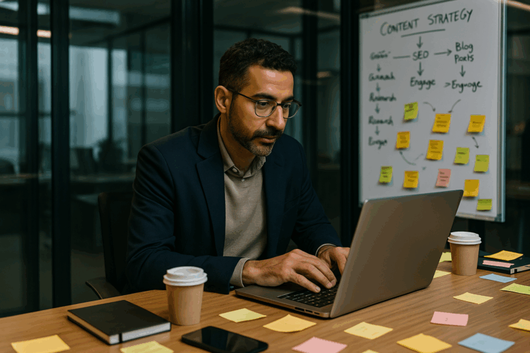 A 45-year-old Middle Eastern man in a blazer and casual slacks working on a laptop at a cluttered desk in a glass-walled office, with coffee cups, sticky notes, and a whiteboard full of strategy notes behind him.