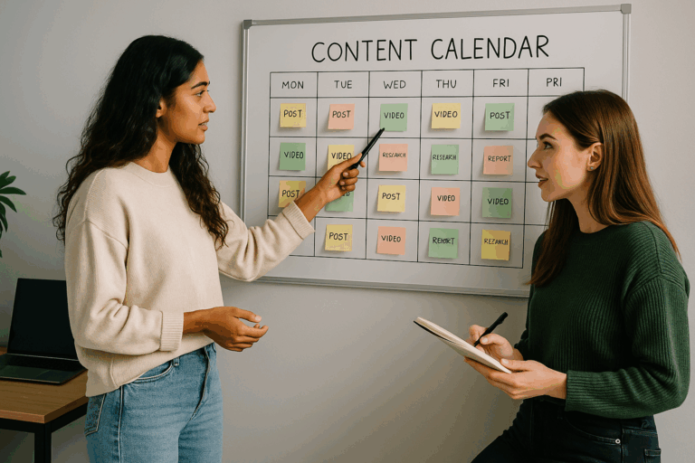 Two young female content creators plan a content calendar together, one pointing at the board while the other takes notes with a notepad and pen.