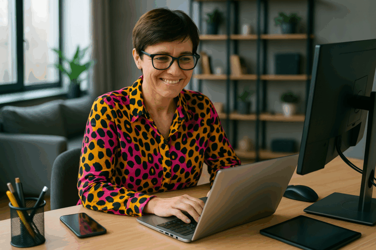 Middle-aged woman in a vibrant shirt working confidently on a laptop in a high-tech home office.